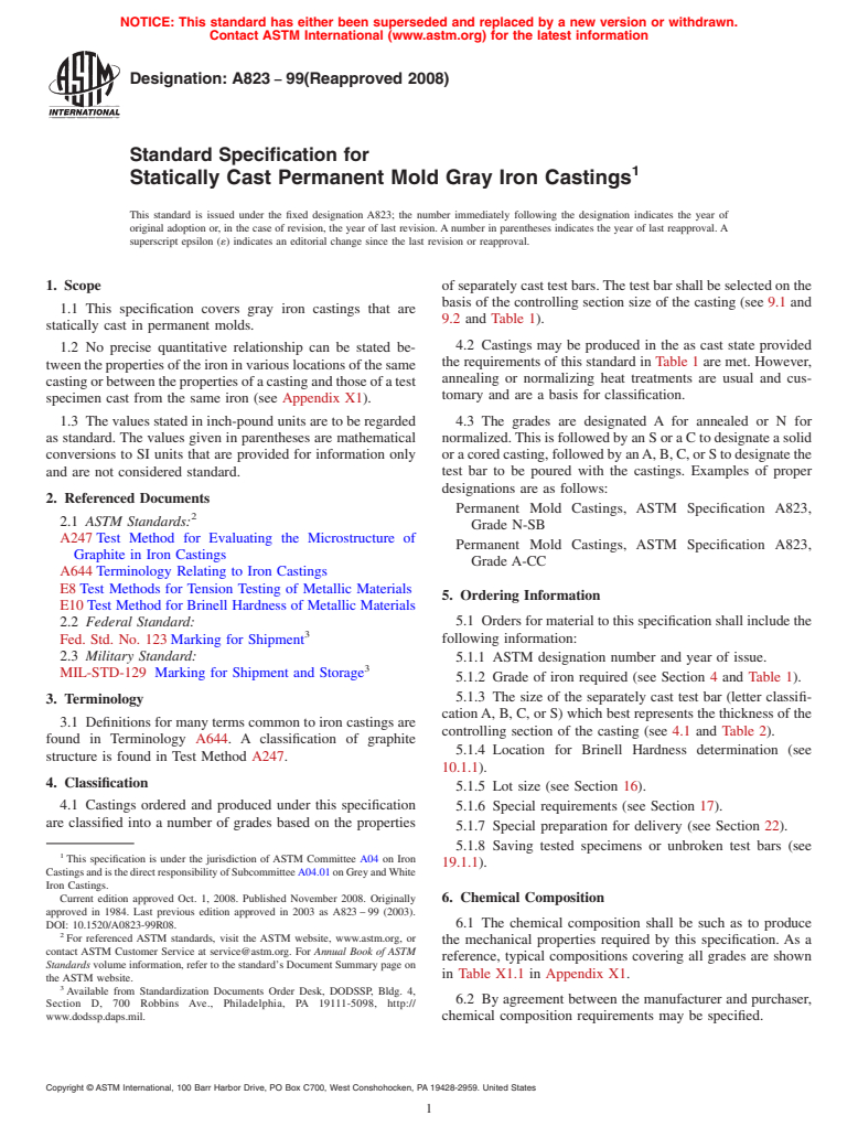 ASTM A823-99(2008) - Standard Specification for Statically Cast Permanent Mold Gray Iron Castings