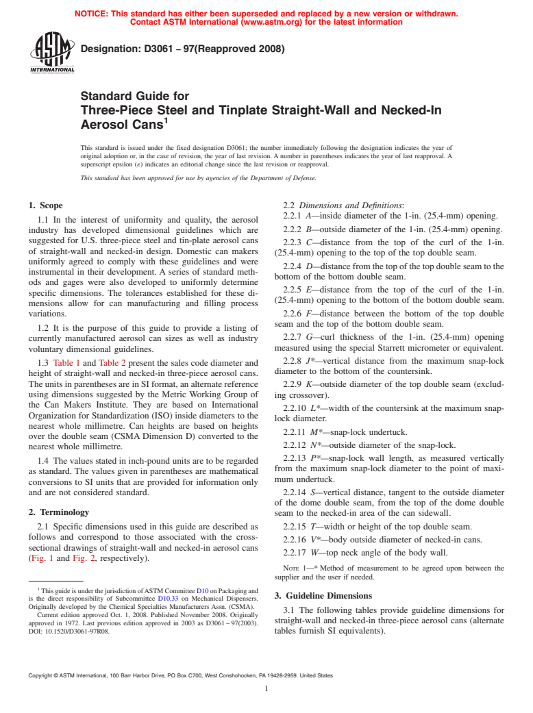 ASTM D3061-97(2008) - Standard Guide for Three-Piece Steel and Tinplate Straight-Wall and Necked-In Aerosol Cans