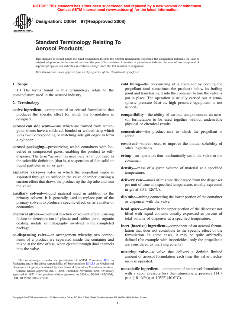 ASTM D3064-97(2008) - Terminology Relating to Aerosol Products