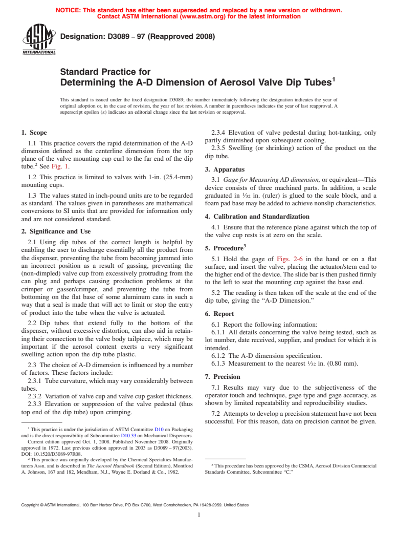 ASTM D3089-97(2008) - Standard Practice for Determining the A-D Dimension of Aerosol Valve Dip Tubes