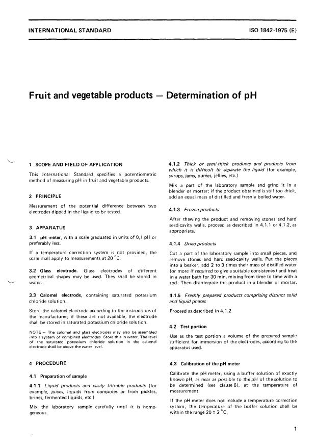 ISO 1842:1975 - Fruit and vegetable products -- Determination of pH