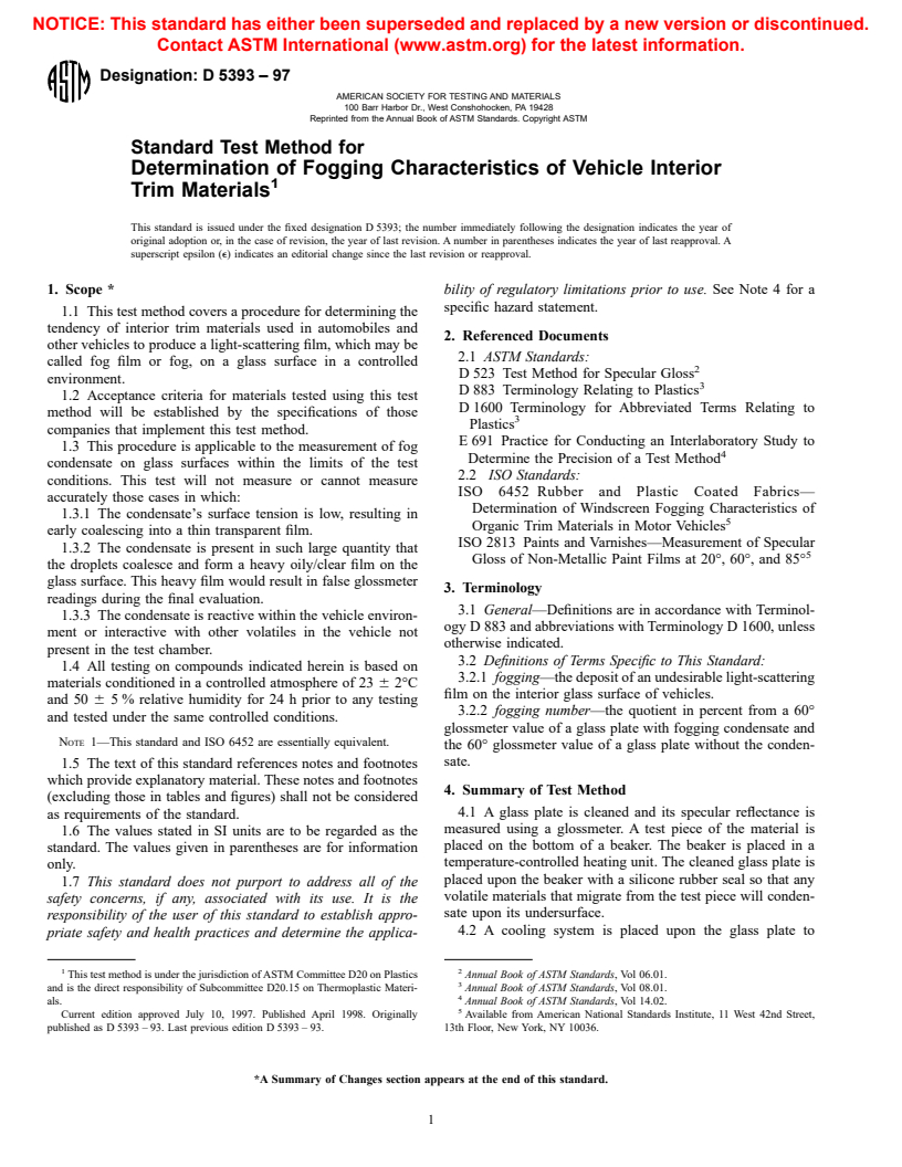 ASTM D5393-97 - Test Method for Determination of Fogging Characteristics of Vehicle Interior Trim Materials (Withdrawn 1998)