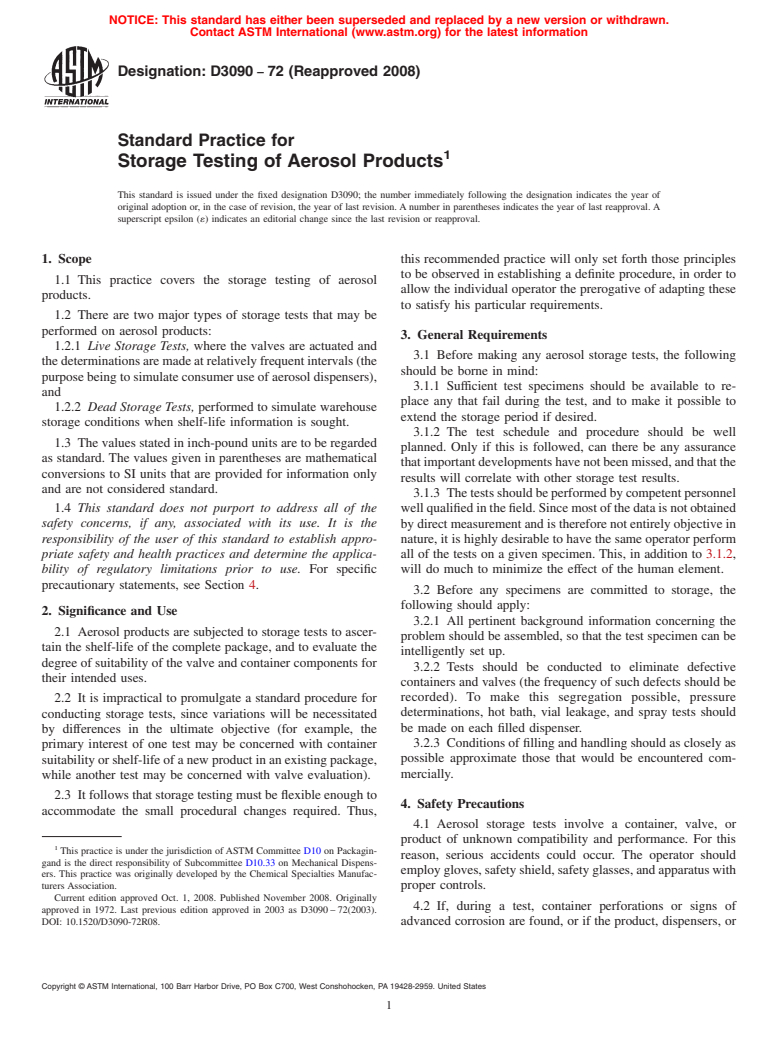 ASTM D3090-72(2008) - Standard Practice for Storage Testing of Aerosol Products