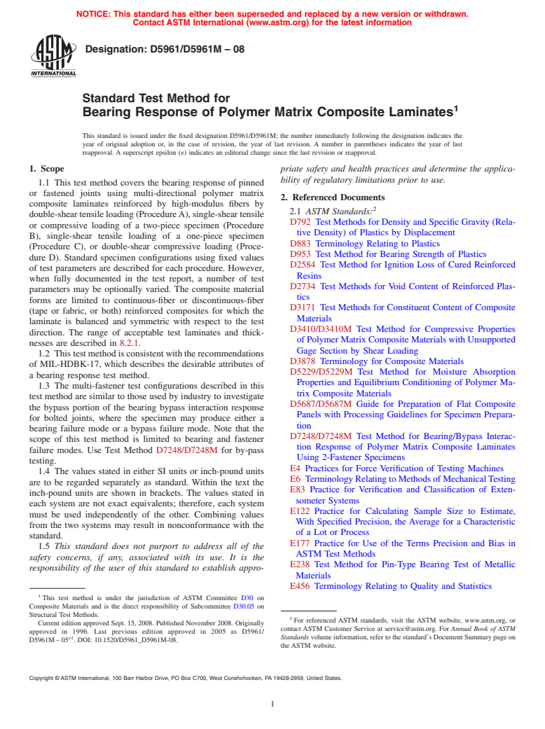 ASTM D5961/D5961M-08 - Standard Test Method for Bearing Response of Polymer Matrix Composite Laminates