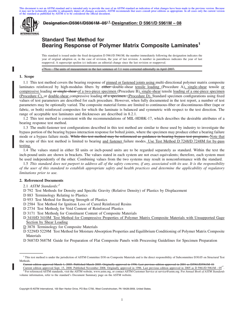 REDLINE ASTM D5961/D5961M-08 - Standard Test Method for Bearing Response of Polymer Matrix Composite Laminates