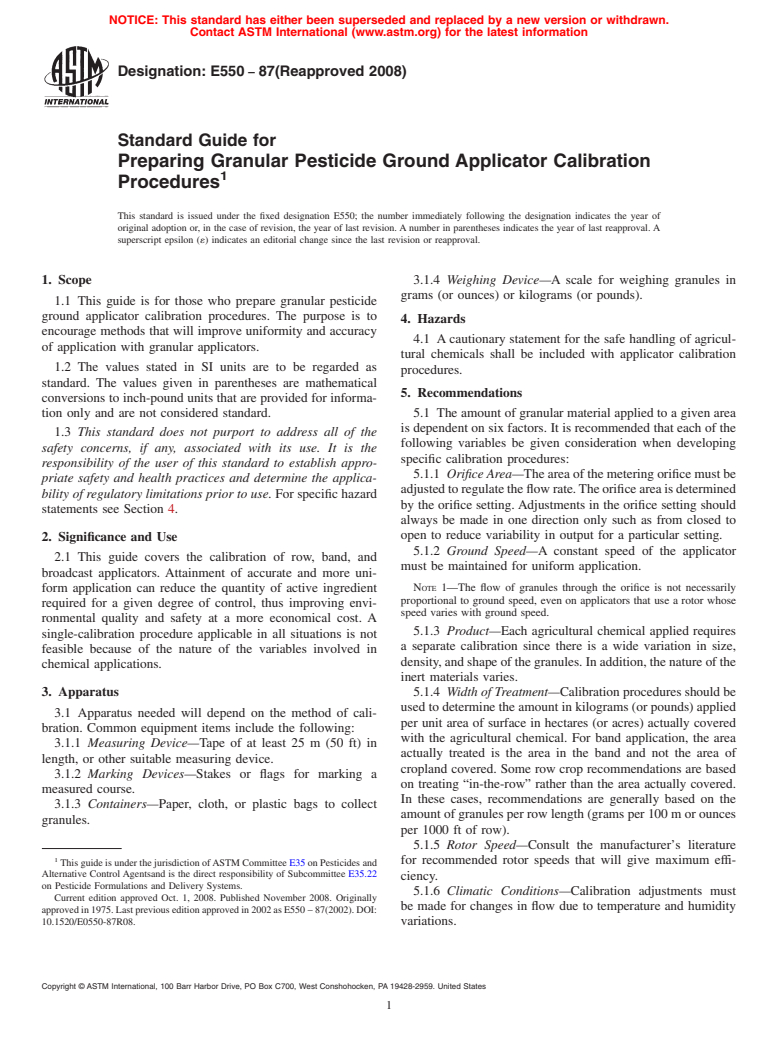 ASTM E550-87(2008) - Standard Guide for Preparing Granular Pesticide Ground Applicator Calibration Procedures