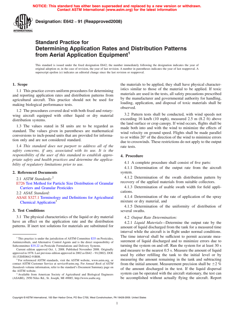 ASTM E642-91(2008) - Standard Practice for Determining Application Rates and Distribution Patterns from Aerial Application Equipment