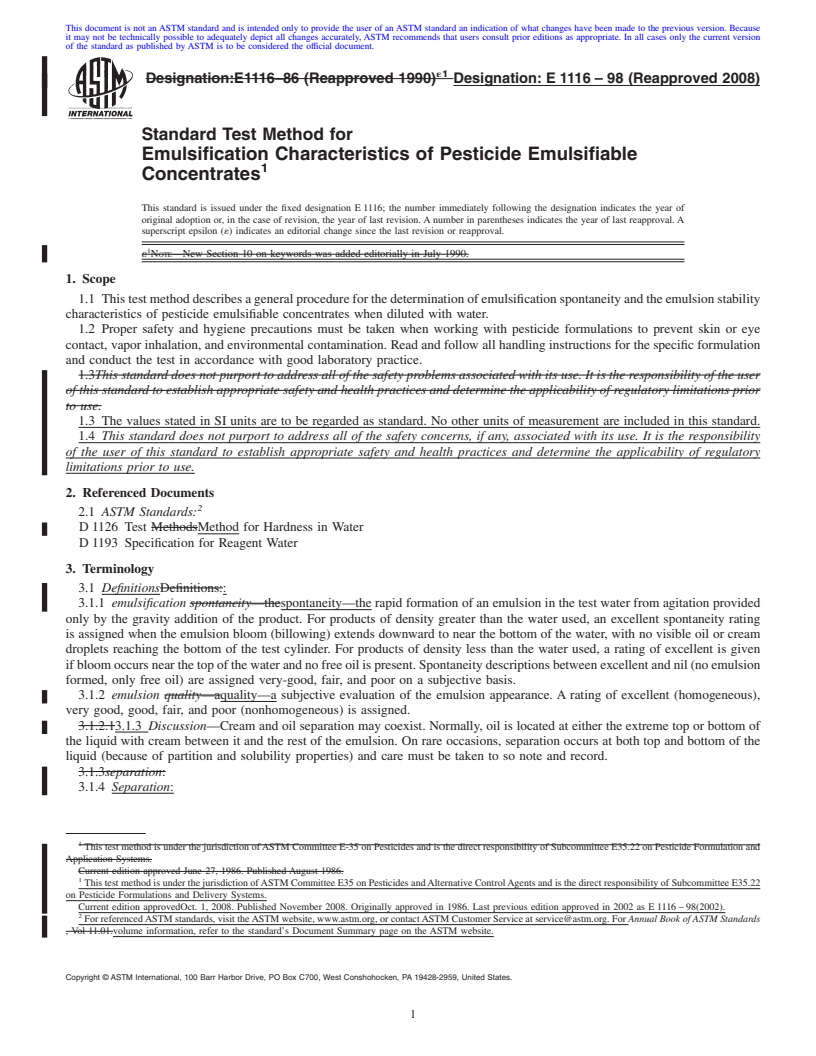 REDLINE ASTM E1116-98(2008) - Standard Test Method for Emulsification Characteristics of Pesticide Emulsifiable Concentrates