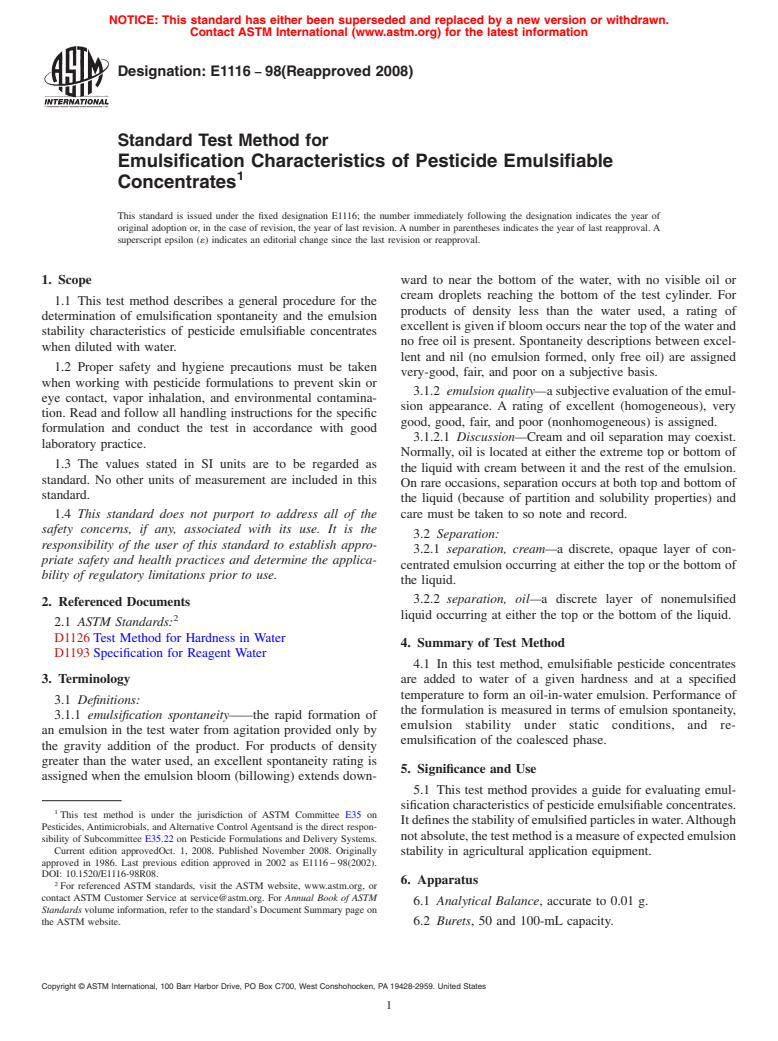 ASTM E1116-98(2008) - Standard Test Method for Emulsification Characteristics of Pesticide Emulsifiable Concentrates