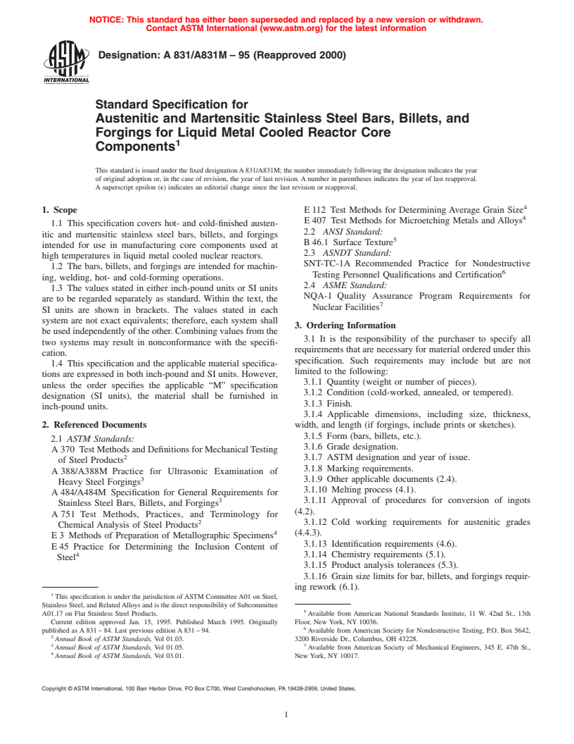 ASTM A831/A831M-95(2000) - Standard Specification for Austenitic and Martensitic Stainless Steel Bars, Billets, and Forgings for Liquid Metal Cooled Reactor Core Components (Withdrawn 2005)