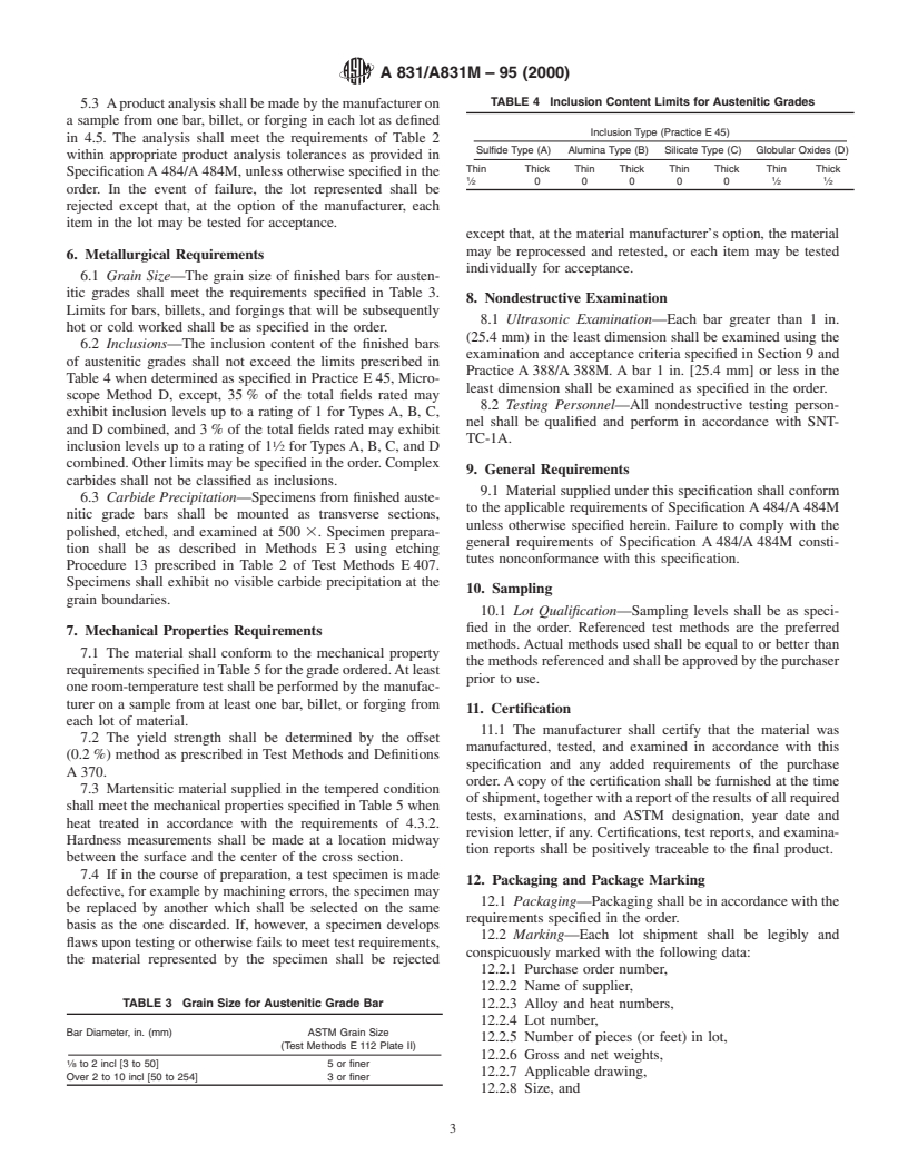 ASTM A831/A831M-95(2000) - Standard Specification for Austenitic and Martensitic Stainless Steel Bars, Billets, and Forgings for Liquid Metal Cooled Reactor Core Components (Withdrawn 2005)