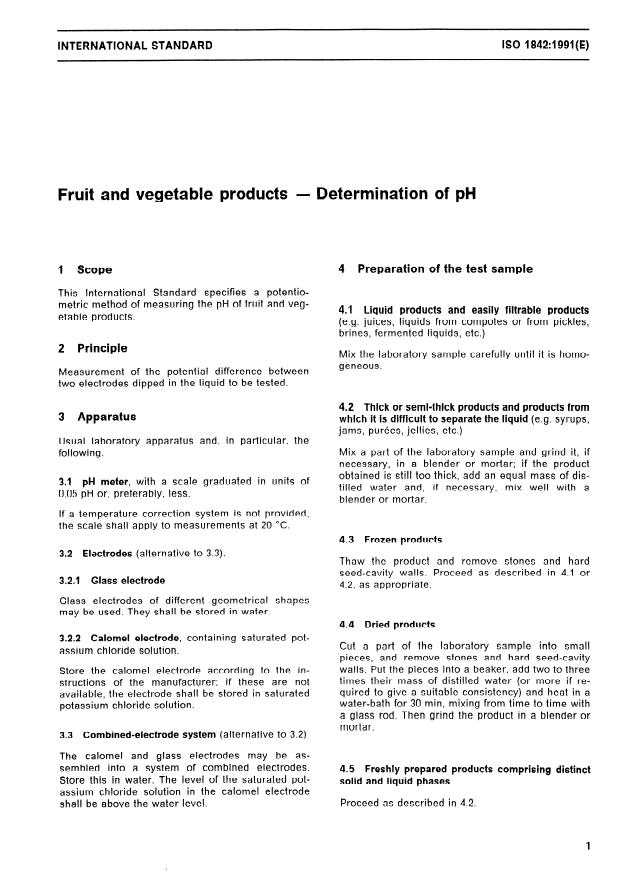 ISO 1842:1991 - Fruit and vegetable products -- Determination of pH