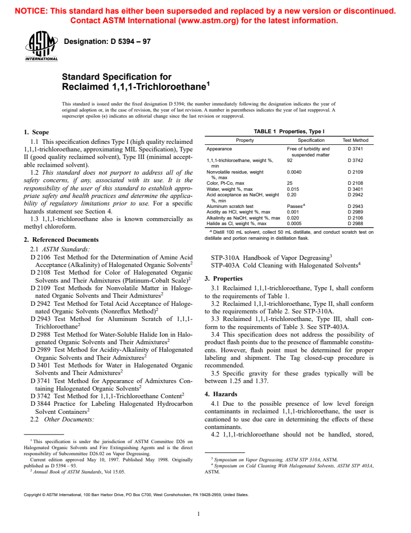 ASTM D5394-97 - Standard Specification for Reclaimed 1,1,1-Trichloroethane