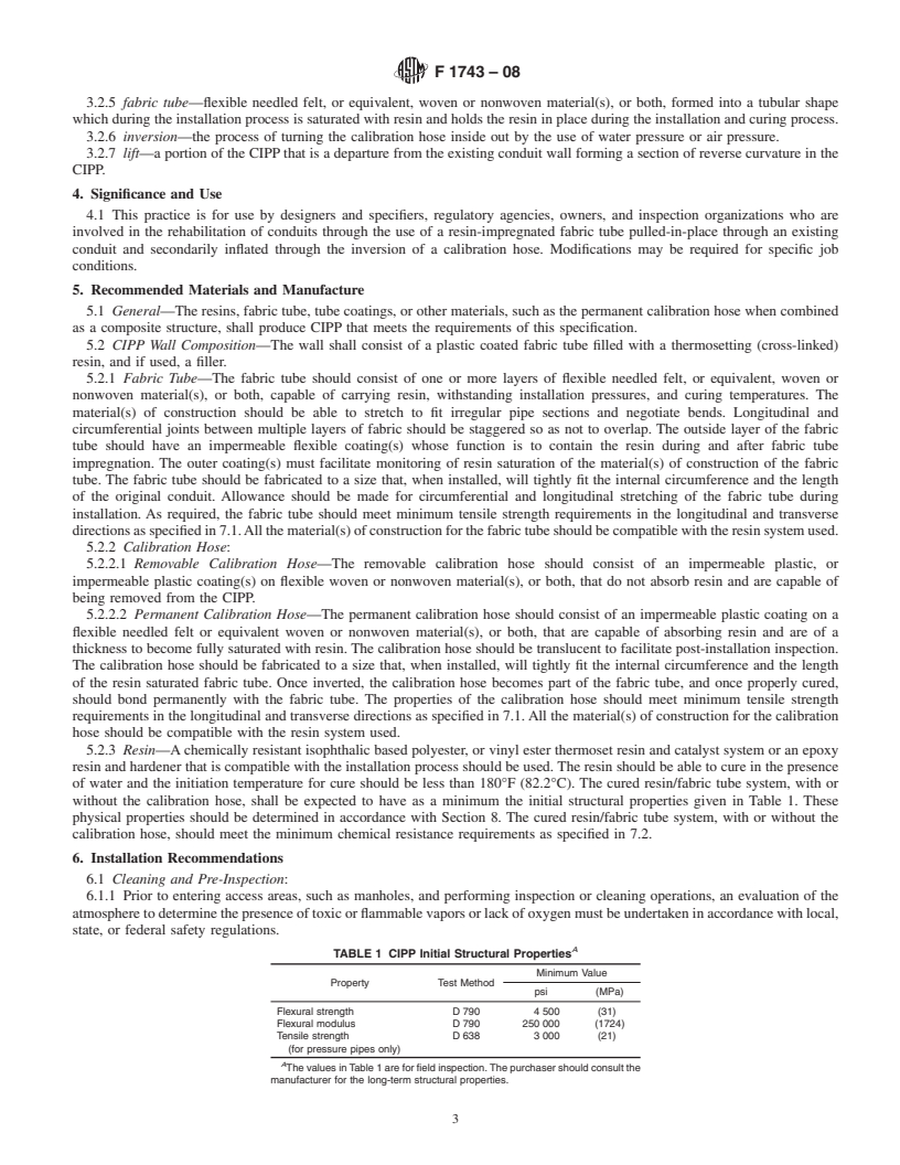 REDLINE ASTM F1743-08 - Standard Practice for Rehabilitation of Existing Pipelines and Conduits by Pulled-in-Place Installation of Cured-in-Place Thermosetting Resin Pipe (CIPP)