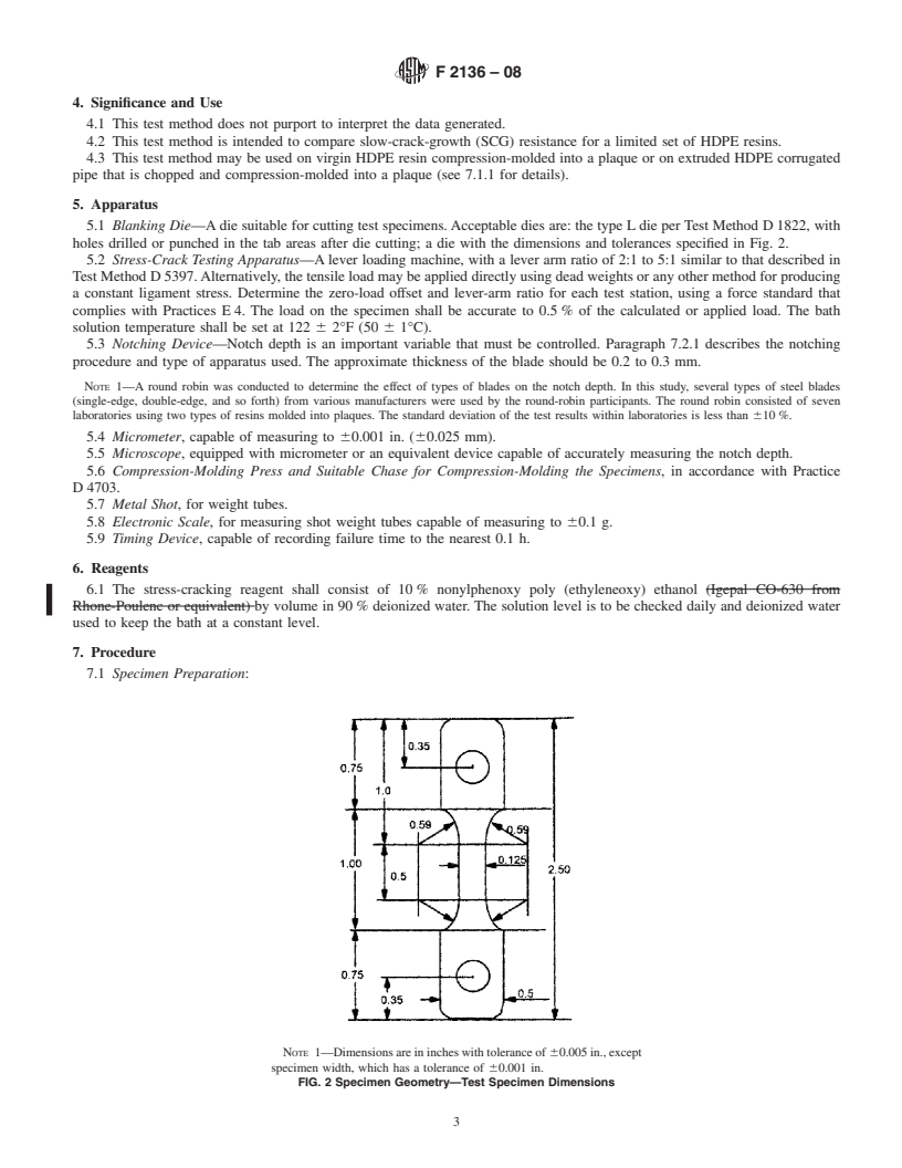 REDLINE ASTM F2136-08 - Standard Test Method for Notched, Constant Ligament-Stress (NCLS) Test to Determine Slow-Crack-Growth Resistance of HDPE Resins or HDPE Corrugated Pipe