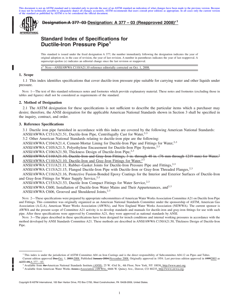 REDLINE ASTM A377-03(2008)e1 - Standard Index of Specifications for Ductile-Iron Pressure Pipe