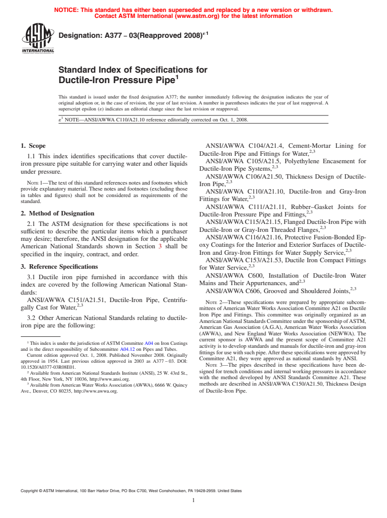 ASTM A377-03(2008)e1 - Standard Index of Specifications for Ductile-Iron Pressure Pipe