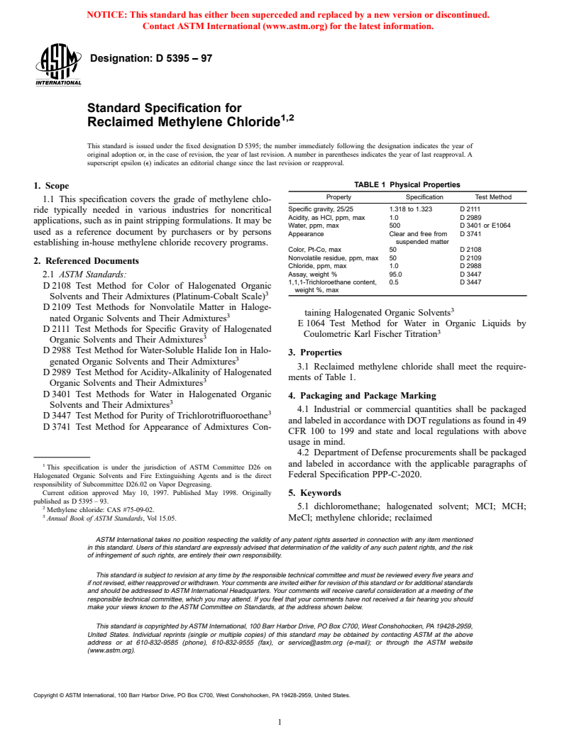 ASTM D5395-97 - Standard Specification for Reclaimed Methylene Chloride