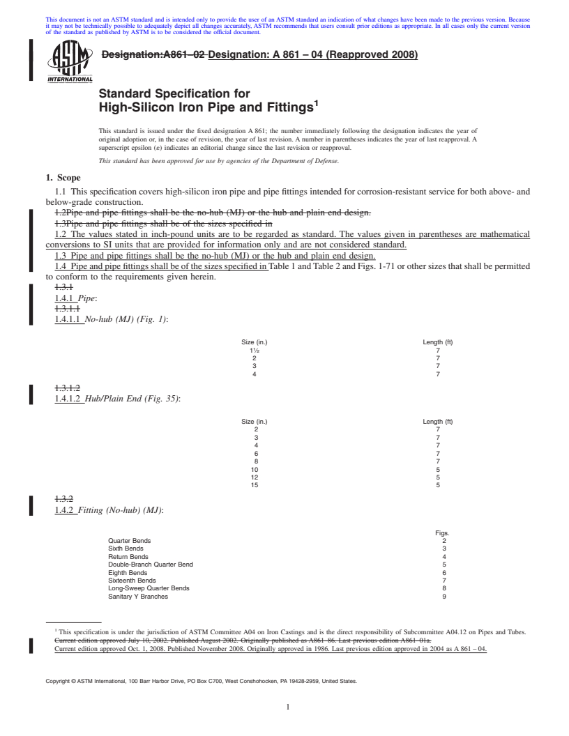 REDLINE ASTM A861-04(2008) - Standard Specification for High-Silicon Iron Pipe and Fittings