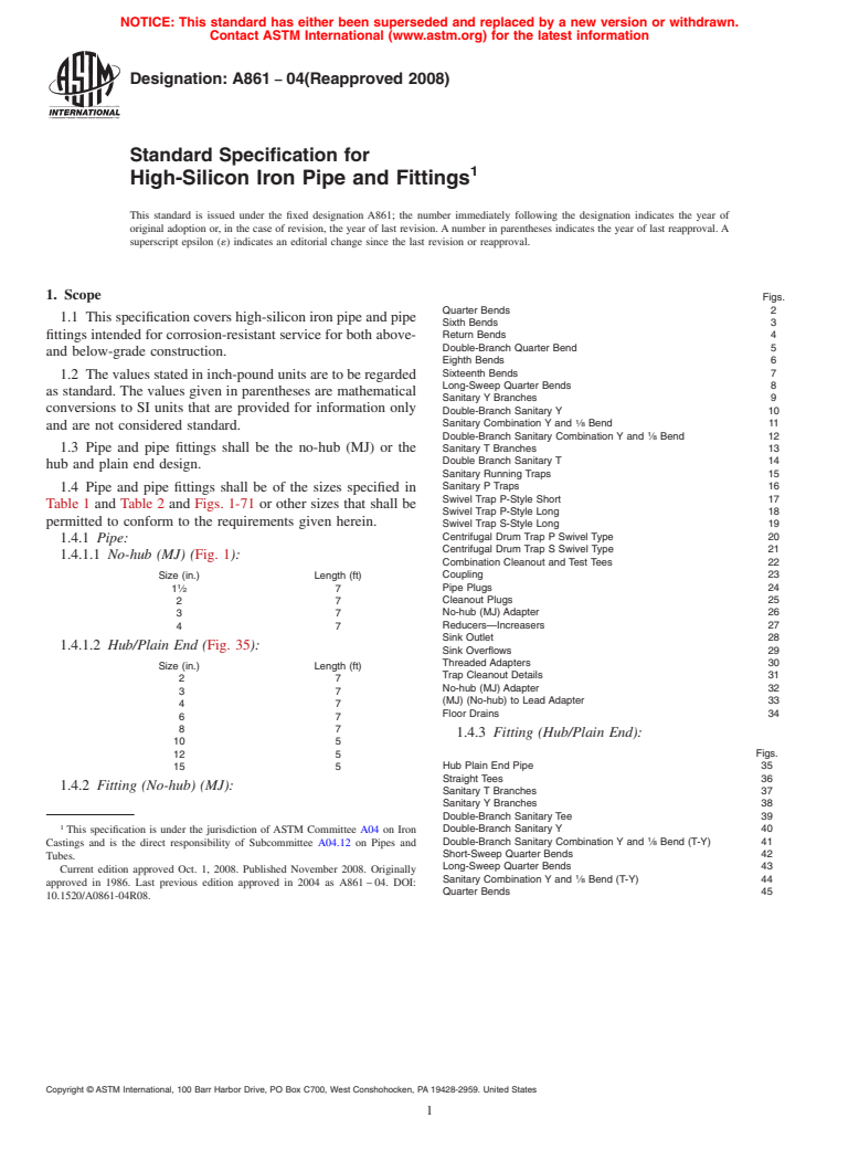 ASTM A861-04(2008) - Standard Specification for High-Silicon Iron Pipe and Fittings