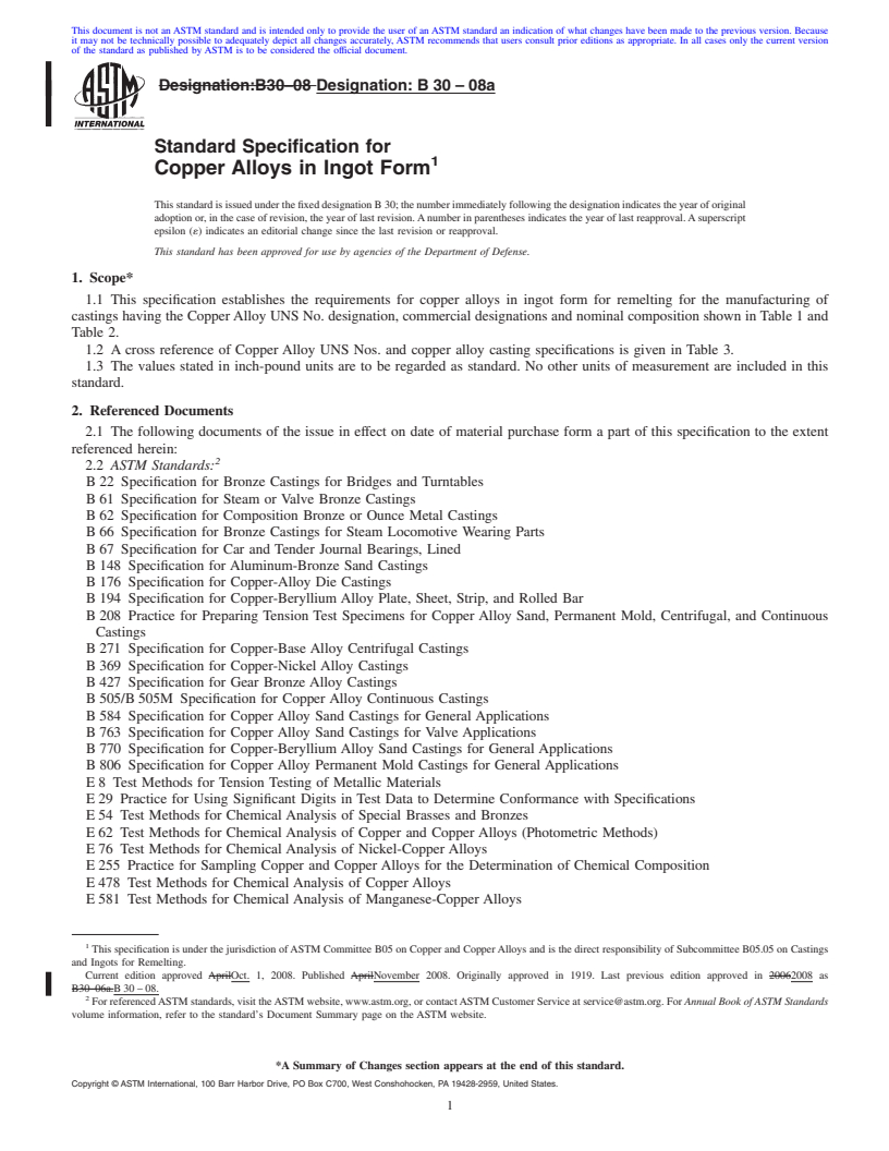 REDLINE ASTM B30-08a - Standard Specification for  Copper Alloys in Ingot Form