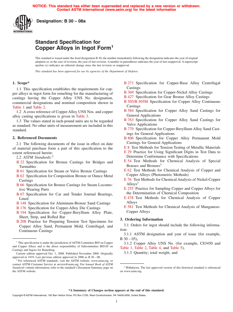 ASTM B30-08a - Standard Specification for  Copper Alloys in Ingot Form