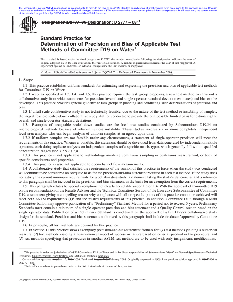 REDLINE ASTM D2777-08e1 - Standard Practice for  Determination of Precision and Bias of Applicable Test Methods of Committee D19 on Water