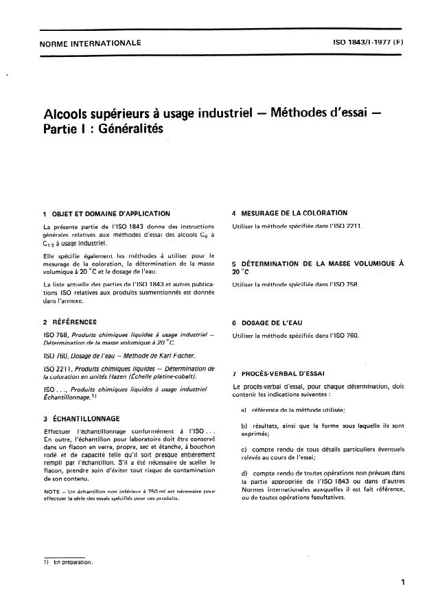 ISO 1843-1:1977 - Alcools supérieurs a usage industriel -- Méthodes d'essai