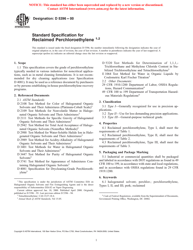 ASTM D5396-00 - Standard Specification for Reclaimed Perchloroethylene