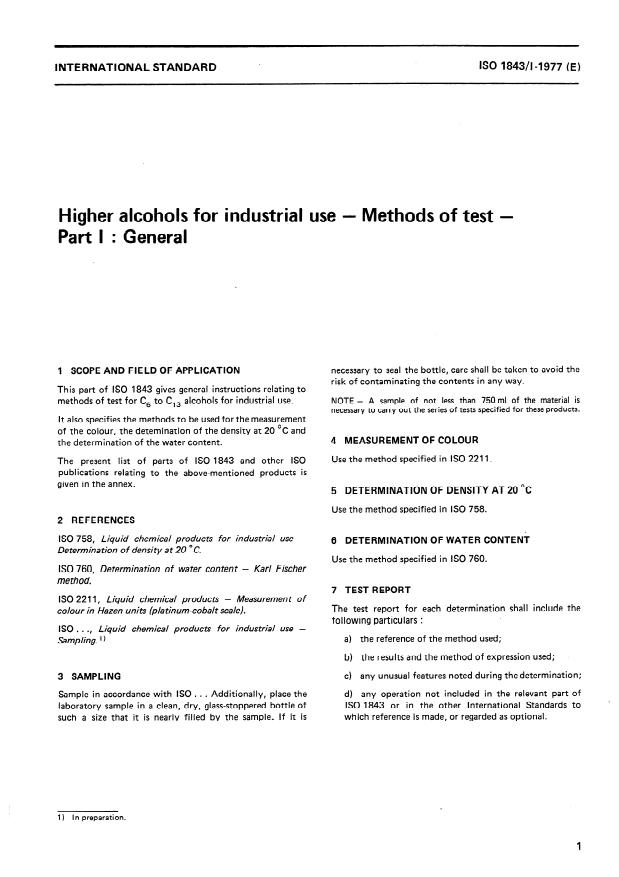 ISO 1843-1:1977 - Higher alcohols for industrial use -- Methods of test