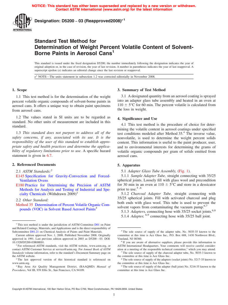 ASTM D5200-03(2008)e1 - Standard Test Method for Determination of Weight Percent Volatile Content of Solvent-Borne Paints in Aerosol Cans