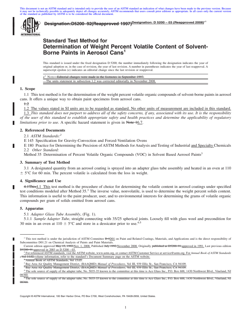 REDLINE ASTM D5200-03(2008)e1 - Standard Test Method for Determination of Weight Percent Volatile Content of Solvent-Borne Paints in Aerosol Cans