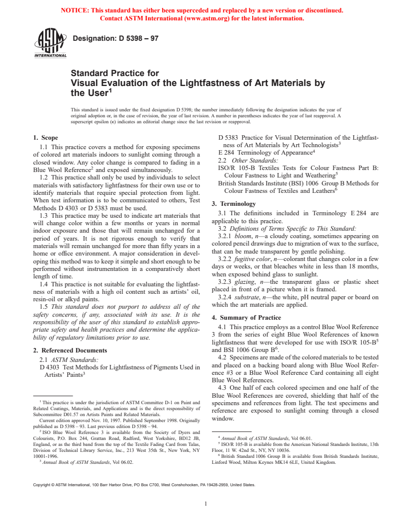 ASTM D5398-97 - Standard Practice for Visual Evaluation of the Lightfastness of Art Materials by the User