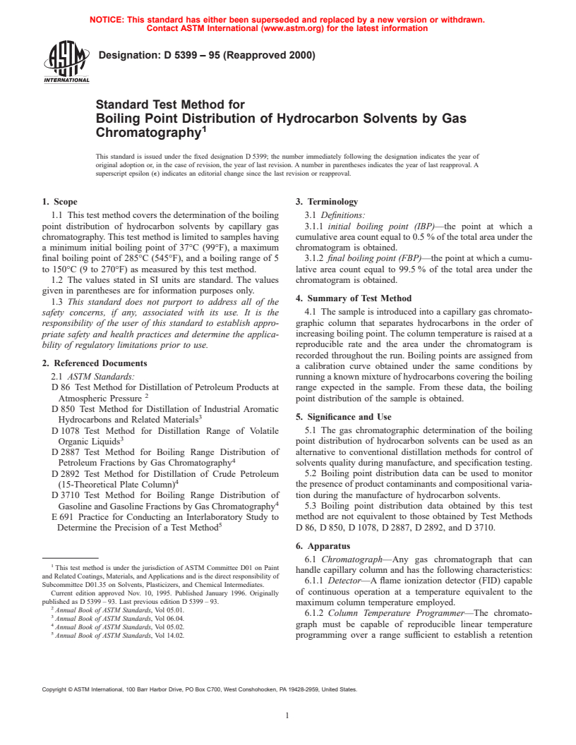 ASTM D5399-95(2000) - Standard Test Method for Boiling Point Distribution of Hydrocarbon Solvents by Gas Chromatography