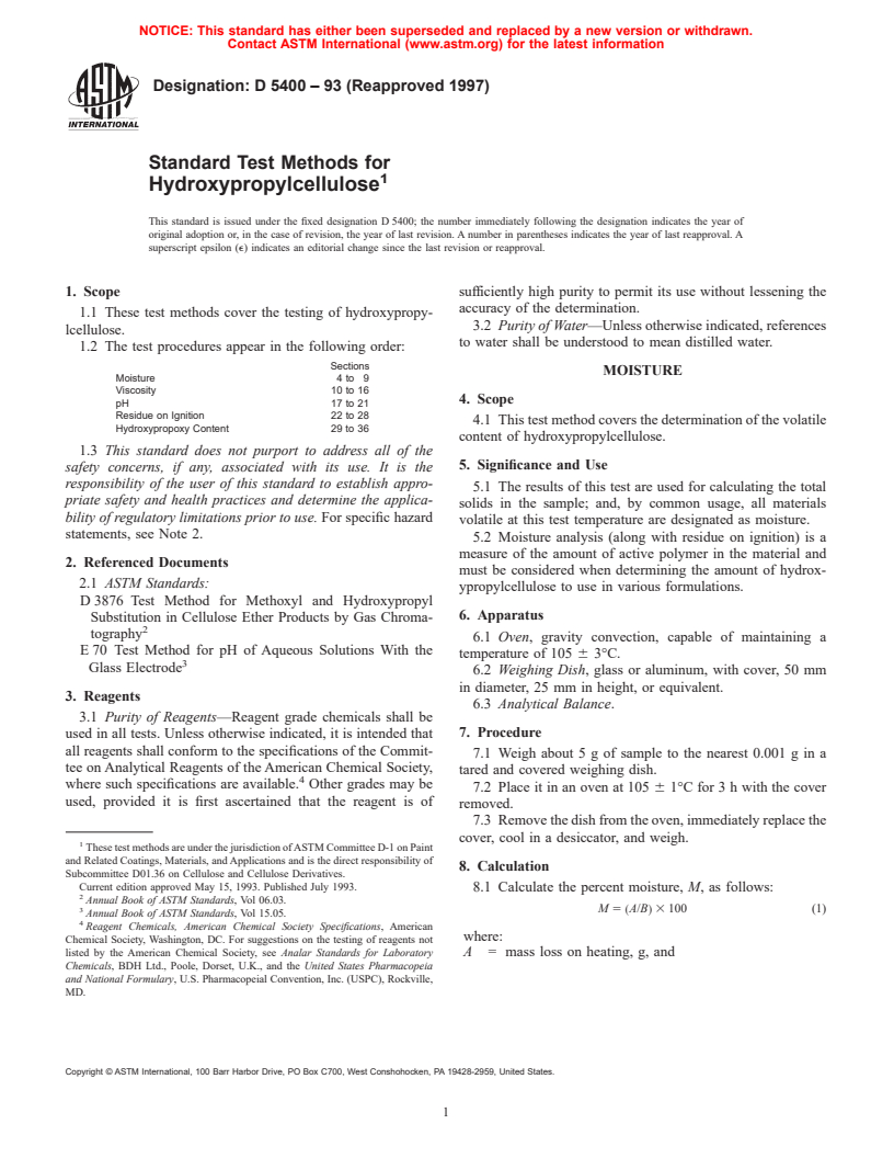 ASTM D5400-93(1997) - Standard Test Methods for Hydroxypropylcellulose