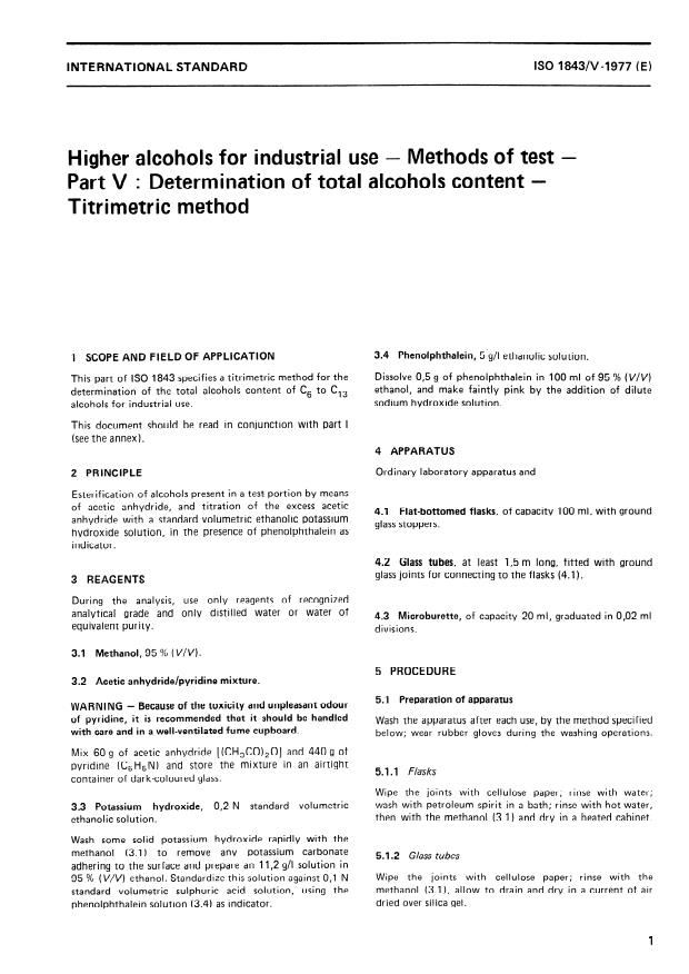 ISO 1843-5:1977 - Higher alcohols for industrial use -- Methods of test