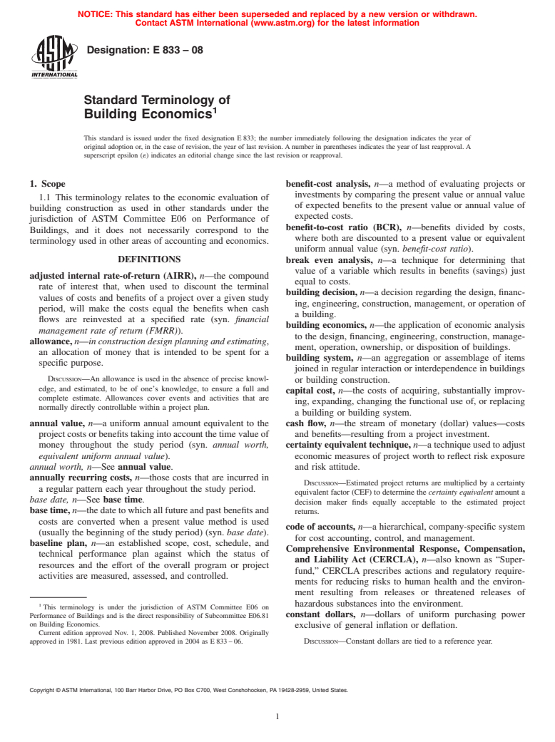 ASTM E833-08 - Standard Terminology of Building Economics