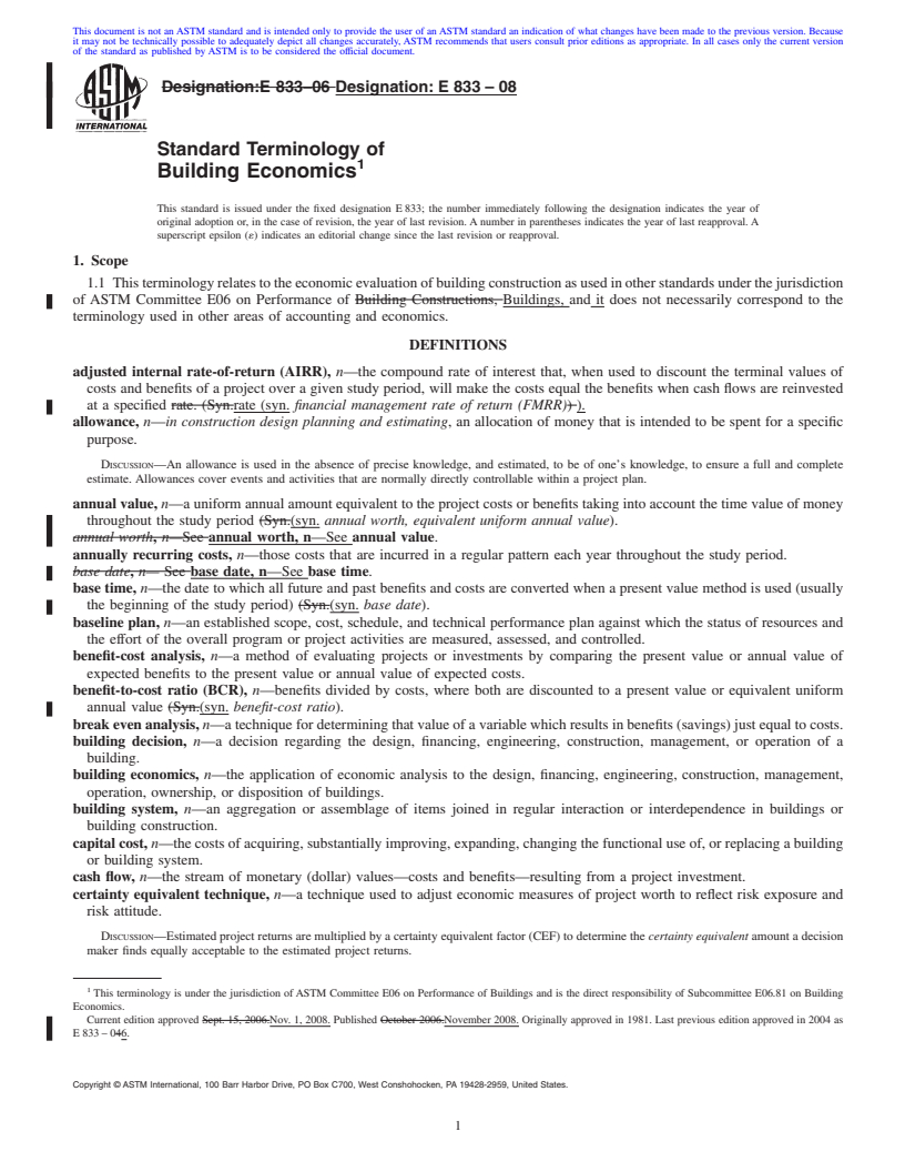 REDLINE ASTM E833-08 - Standard Terminology of Building Economics
