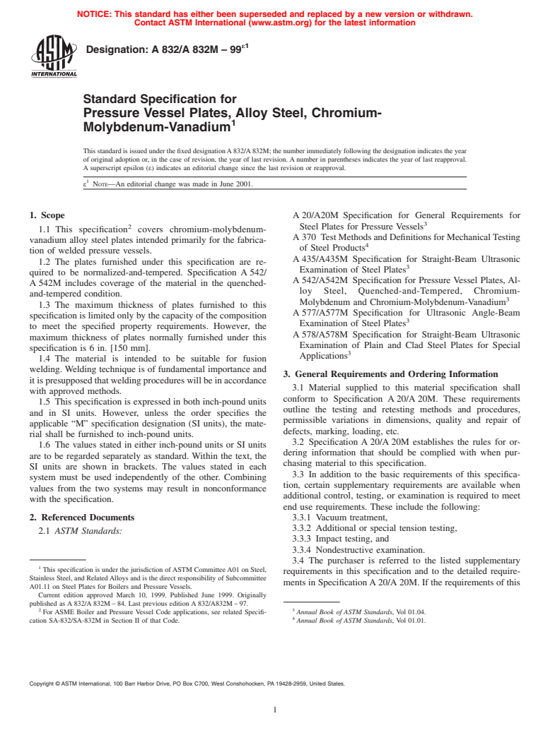 ASTM A832/A832M-99e1 - Standard Specification for Pressure Vessel Plates, Alloy Steel, Chromium-Molybdenum-Vanadium