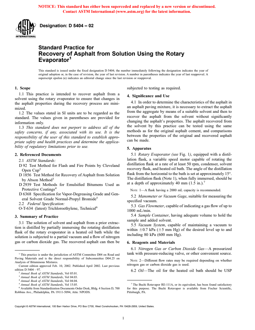 ASTM D5404-02 - Standard Practice for Recovery of Asphalt from Solution Using the Rotary Evaporator