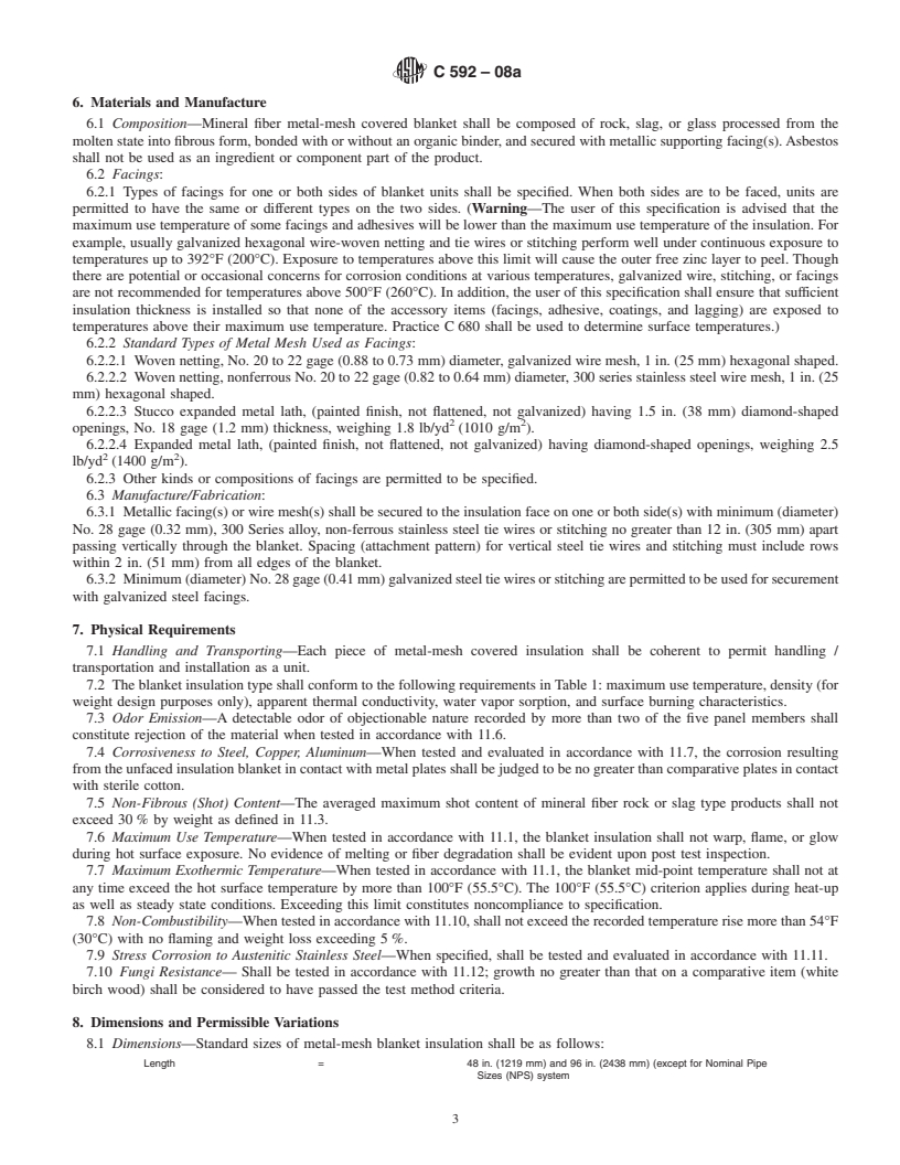 REDLINE ASTM C592-08a - Standard Specification for Mineral Fiber Blanket Insulation and Blanket-Type Pipe Insulation (Metal-Mesh Covered) (Industrial Type)