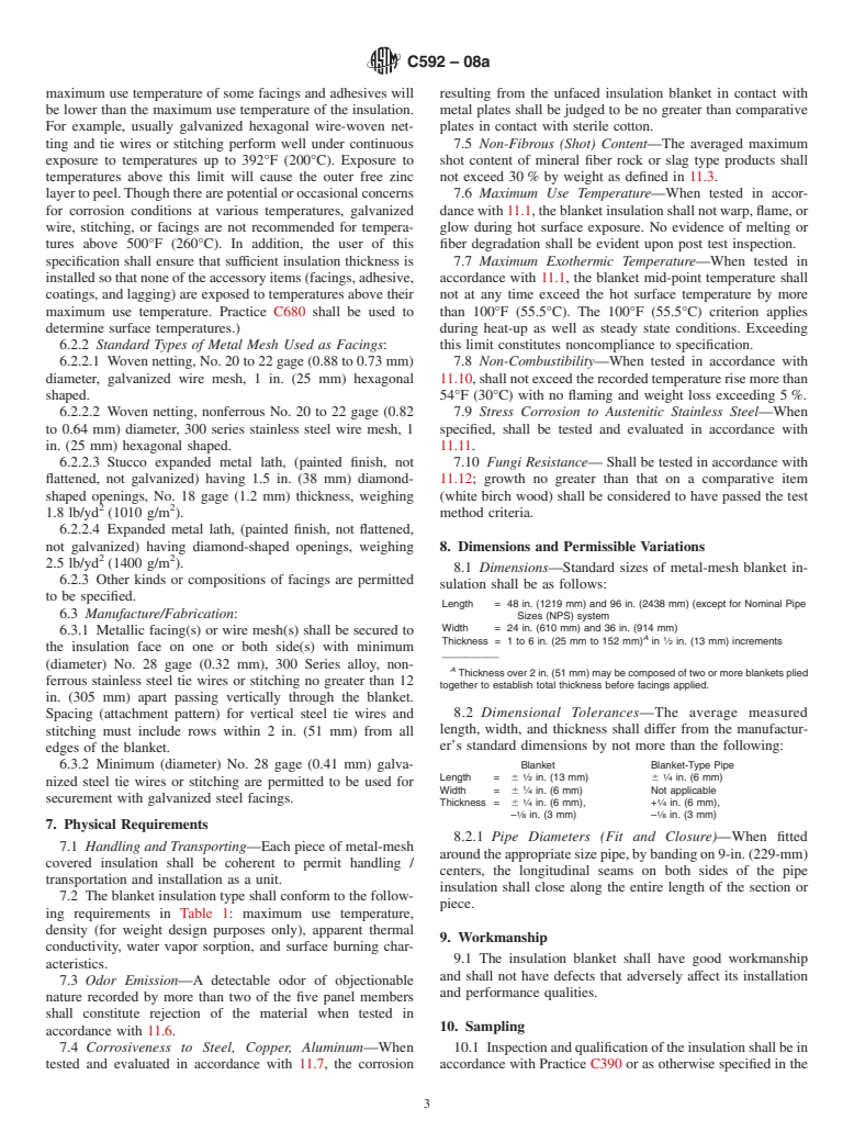 ASTM C592-08a - Standard Specification for Mineral Fiber Blanket Insulation and Blanket-Type Pipe Insulation (Metal-Mesh Covered) (Industrial Type)