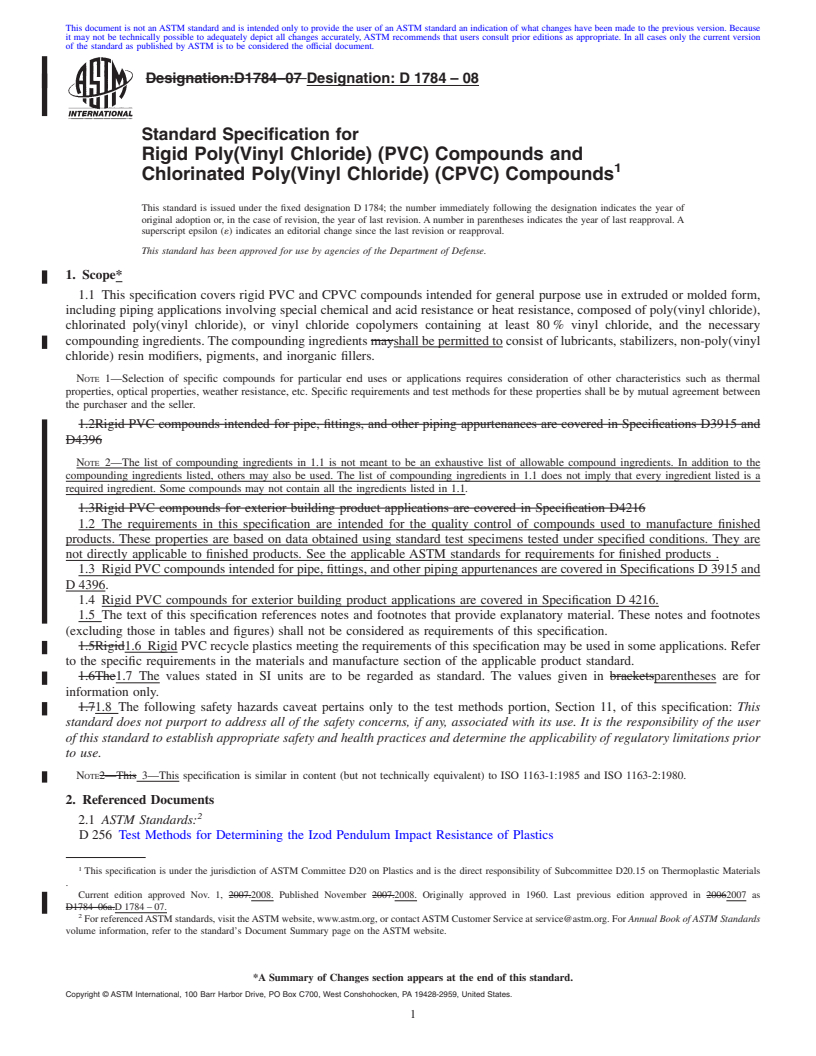 REDLINE ASTM D1784-08 - Standard Specification for Rigid Poly(Vinyl Chloride) (PVC) Compounds and Chlorinated Poly(Vinyl Chloride) (CPVC) Compounds