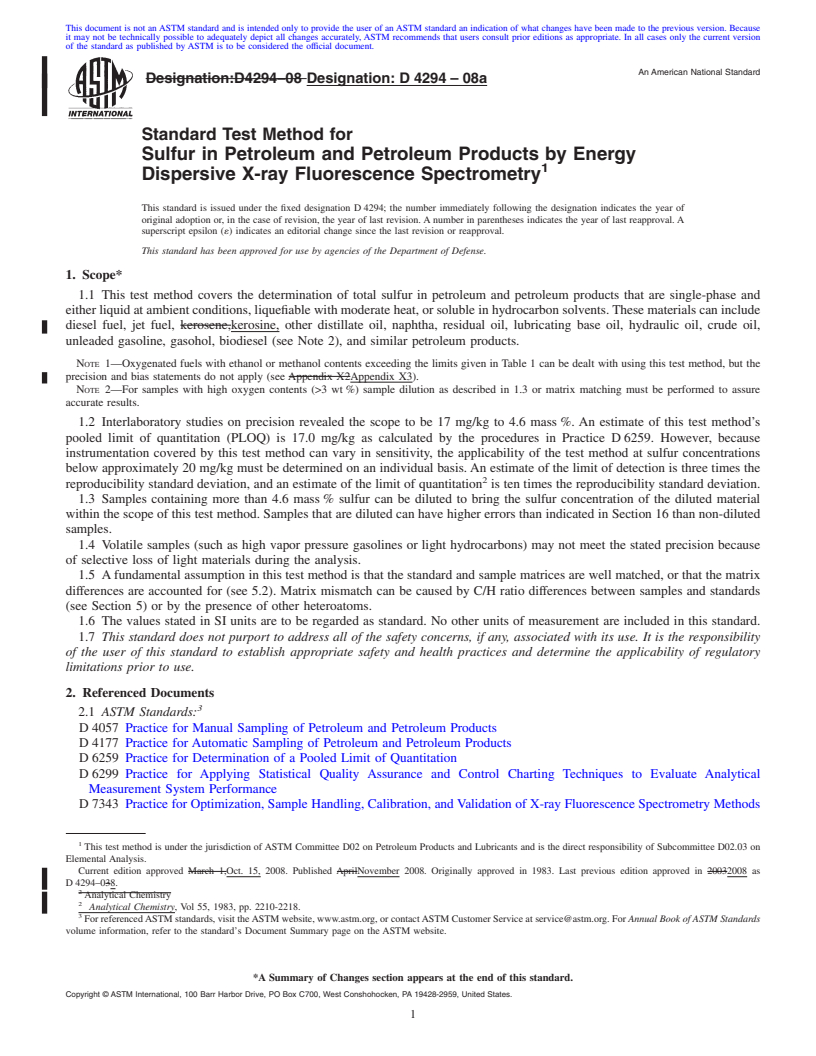 REDLINE ASTM D4294-08a - Standard Test Method for Sulfur in Petroleum and Petroleum Products by Energy Dispersive X-ray Fluorescence  Spectrometry