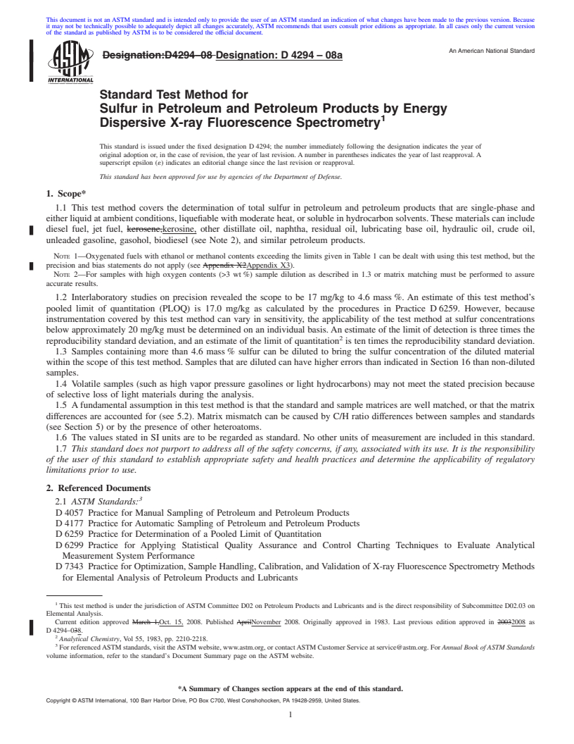 REDLINE ASTM D4294-08a - Standard Test Method for Sulfur in Petroleum and Petroleum Products by Energy Dispersive X-ray Fluorescence  Spectrometry