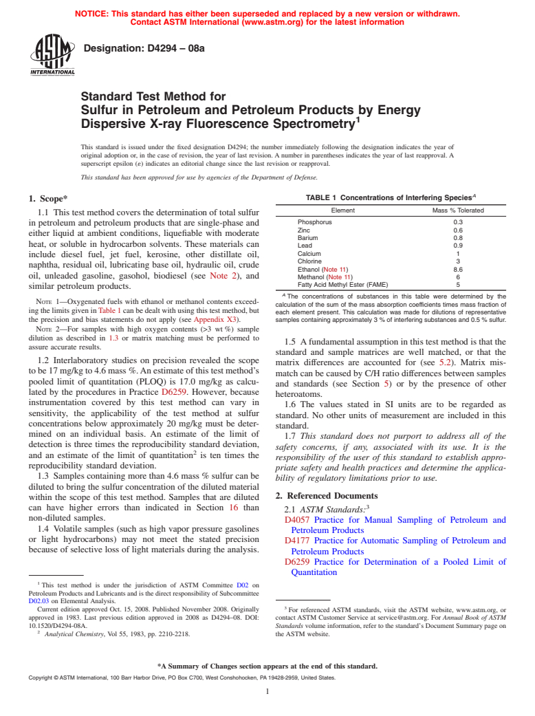 ASTM D4294-08a - Standard Test Method for Sulfur in Petroleum and Petroleum Products by Energy Dispersive X-ray Fluorescence  Spectrometry