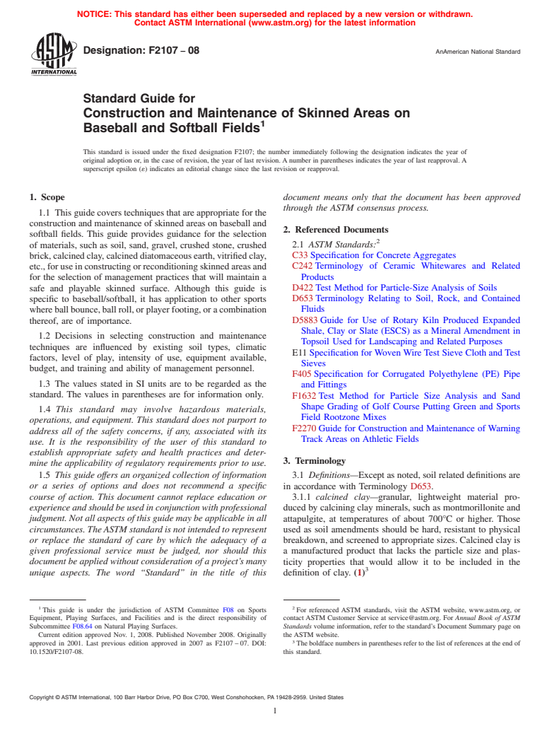 ASTM F2107-08 - Standard Guide for Construction and Maintenance of Skinned Areas on Baseball and Softball Fields