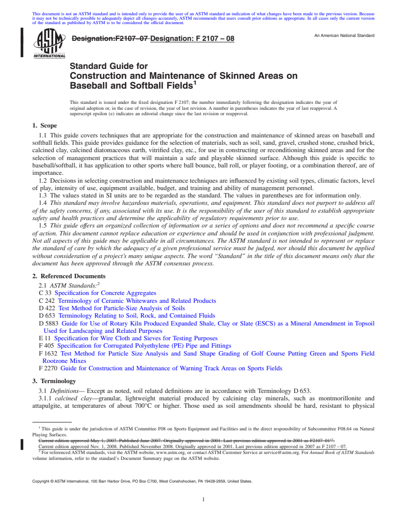 REDLINE ASTM F2107-08 - Standard Guide for Construction and Maintenance of Skinned Areas on Baseball and Softball Fields