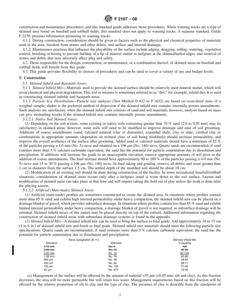 REDLINE ASTM F2107-08 - Standard Guide for Construction and Maintenance of Skinned Areas on Baseball and Softball Fields