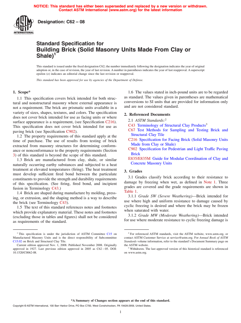 ASTM C62-08 - Standard Specification for Building Brick (Solid Masonry Units Made From Clay or Shale)